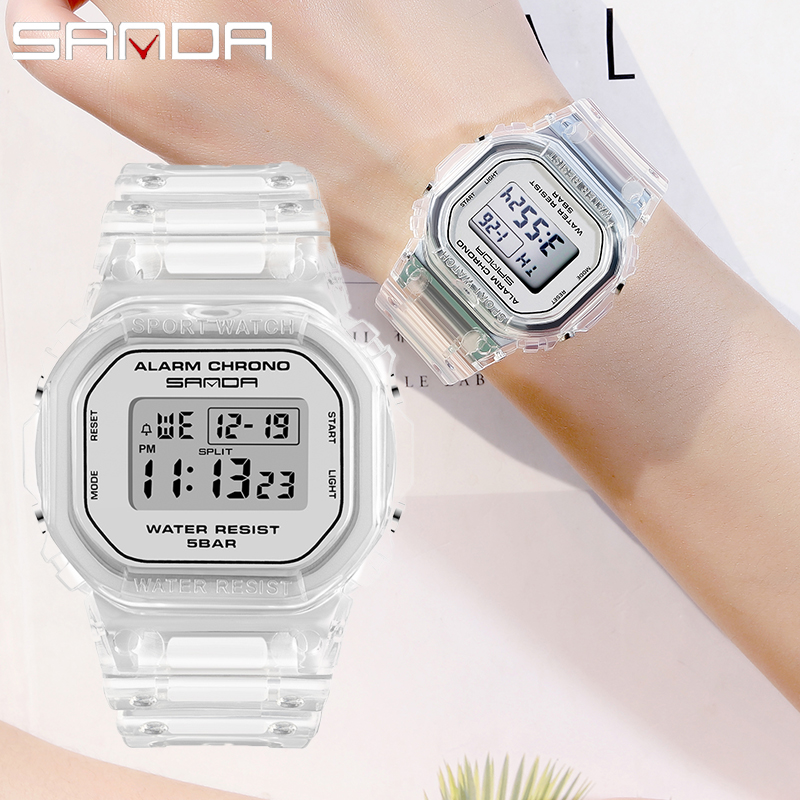 Rubber Strap Diver - นาฬิกาสปอร์ตแฟชั่นสีขาวของ Sanda 2009สำหรับคู่รักมีไฟ LED ดิจิตอลสำหรับคุณผู้ชาย