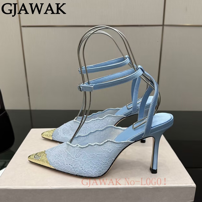 Mesh Strap Metal - รองเท้าส้นสูงแบบบางสำหรับผู้หญิง หัวแหลม ประดับโลหะ ตาข่าย สายรัดส้น รองเท้าแตะแบบสวม