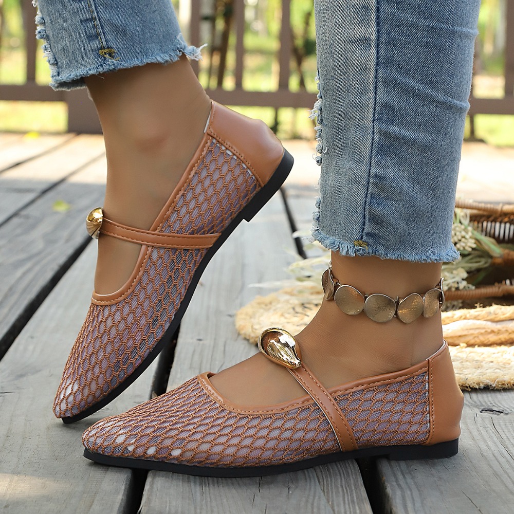 รองเท้าส้นแบนผู้หญิงแบบตาข่าย  - Mesh Strap Metal บทวิจารณ์และราคา